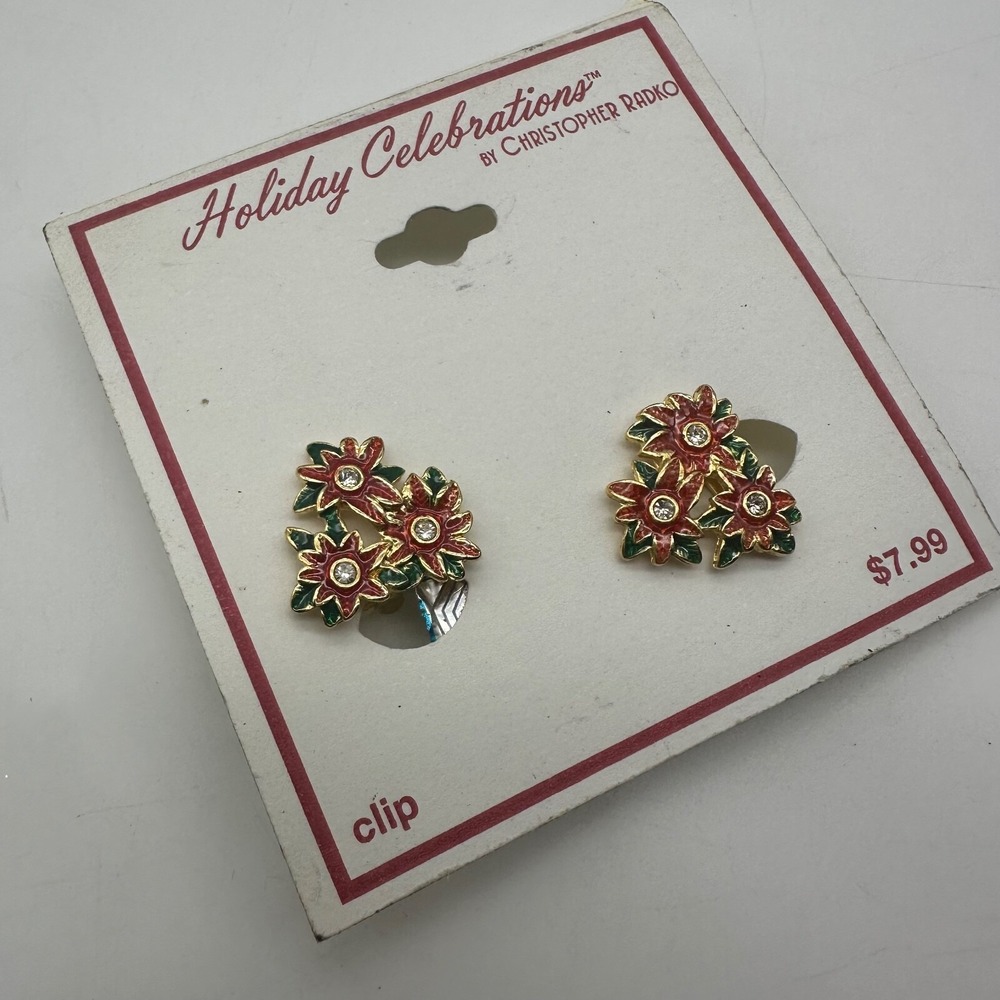 Christopher Radko Signed Clip On Earrings‎ Christmas Ornament Rhinestone Enamel